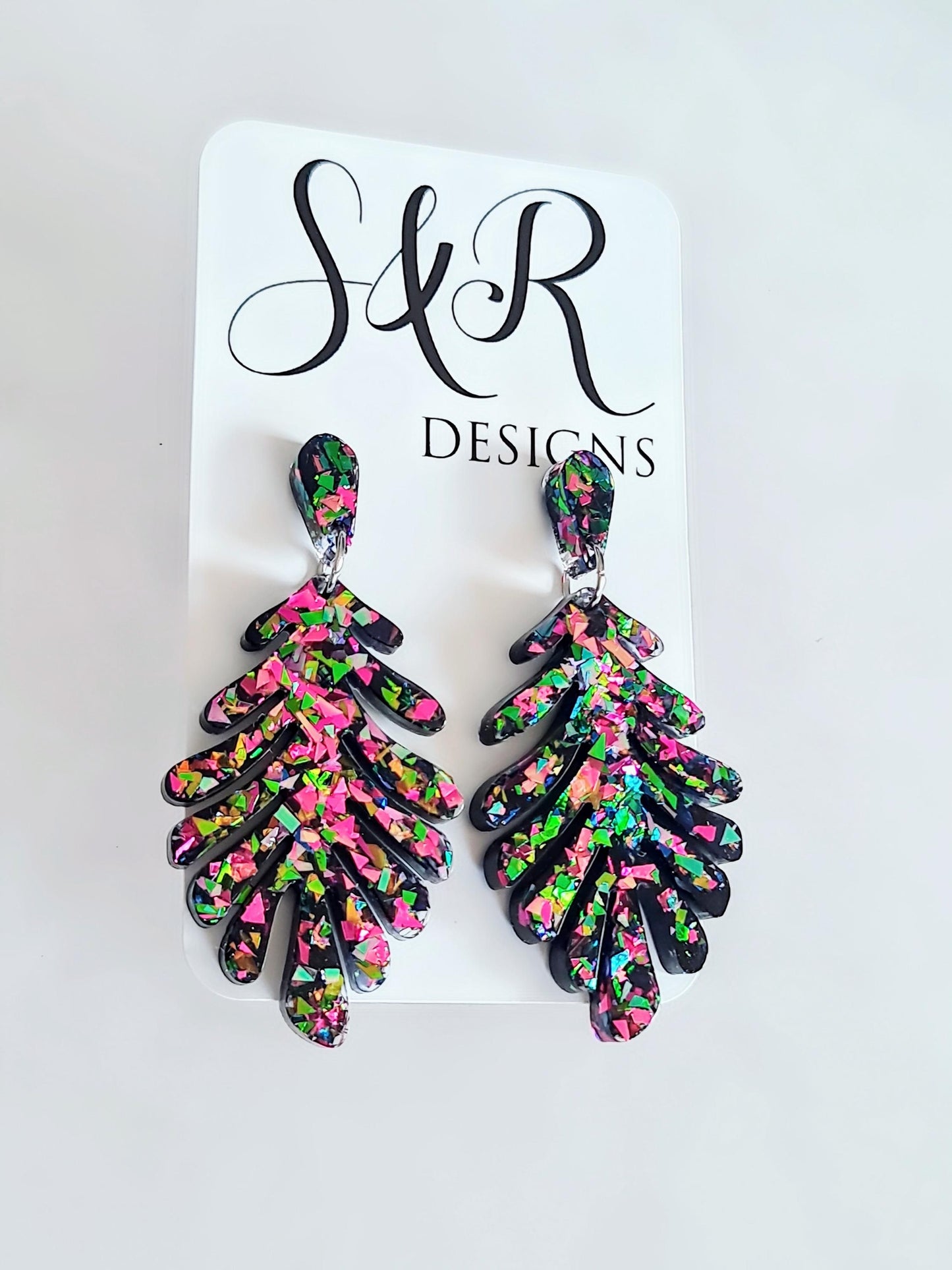 Multicoloured Leaves Dangle Drop Earrings, Metalic Mixed Glitter Resin Leaf Earrings, Bold Statement Jewellery, Gift for her, Hypoallergenic
