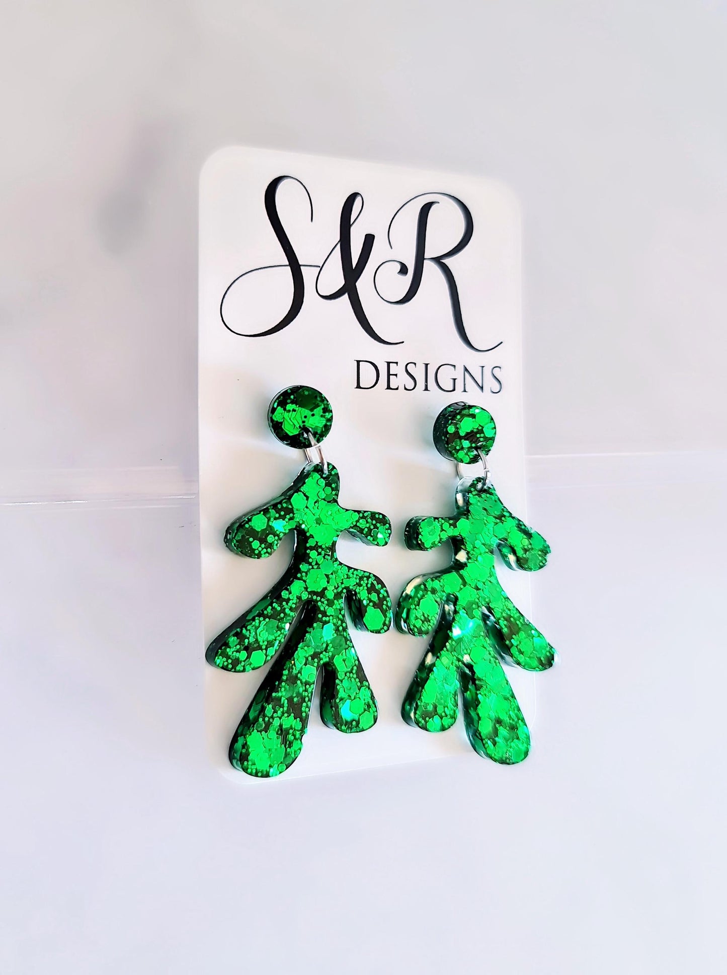 Emerald Green Flower Leaves Dangle Drop Earrings, Glitter Resin Handmade Dangles, Statement Earrings Stainless Steel, Hypoallergenic Studs