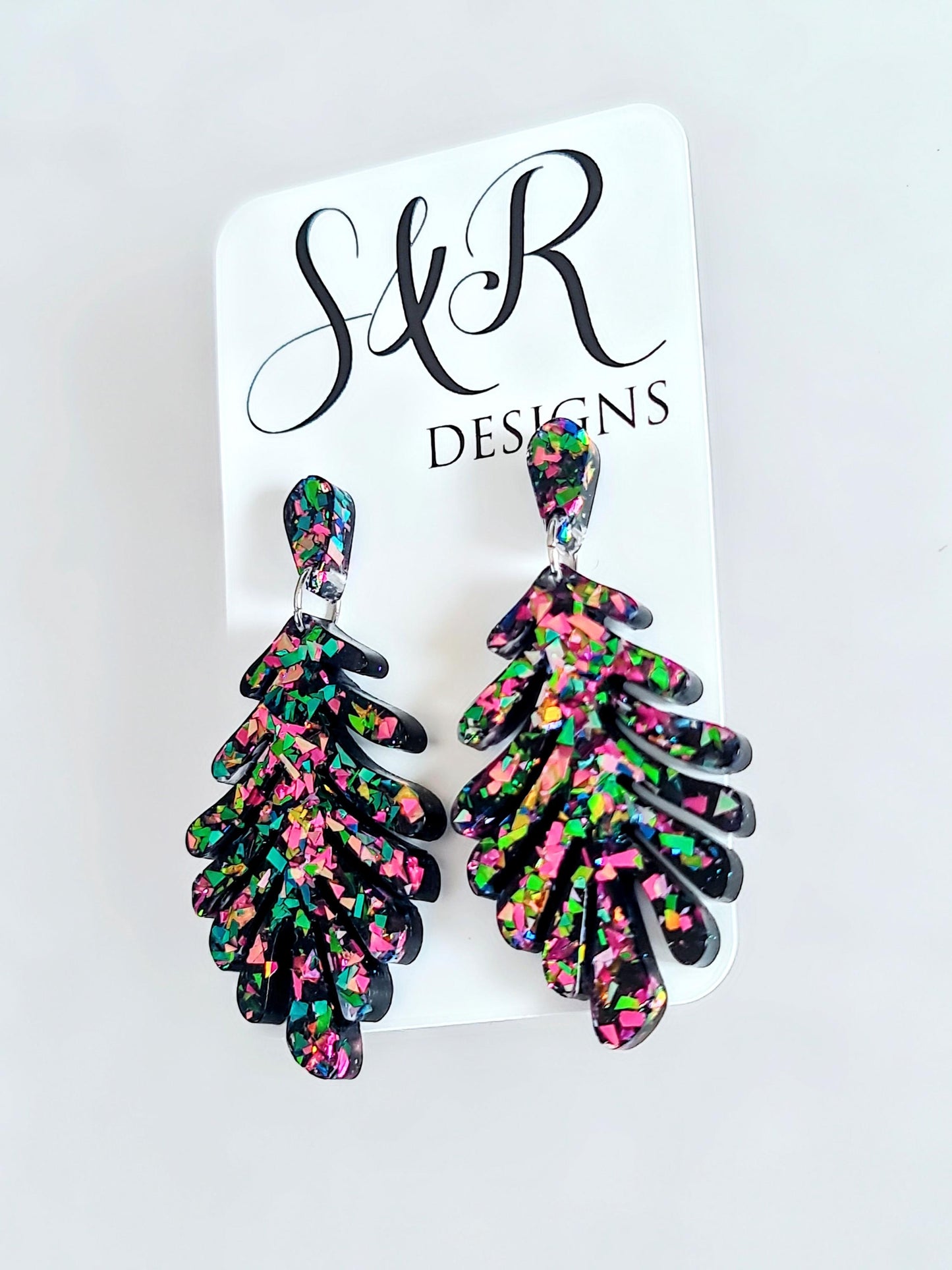 Multicoloured Leaves Dangle Drop Earrings, Metalic Mixed Glitter Resin Leaf Earrings, Bold Statement Jewellery, Gift for her, Hypoallergenic