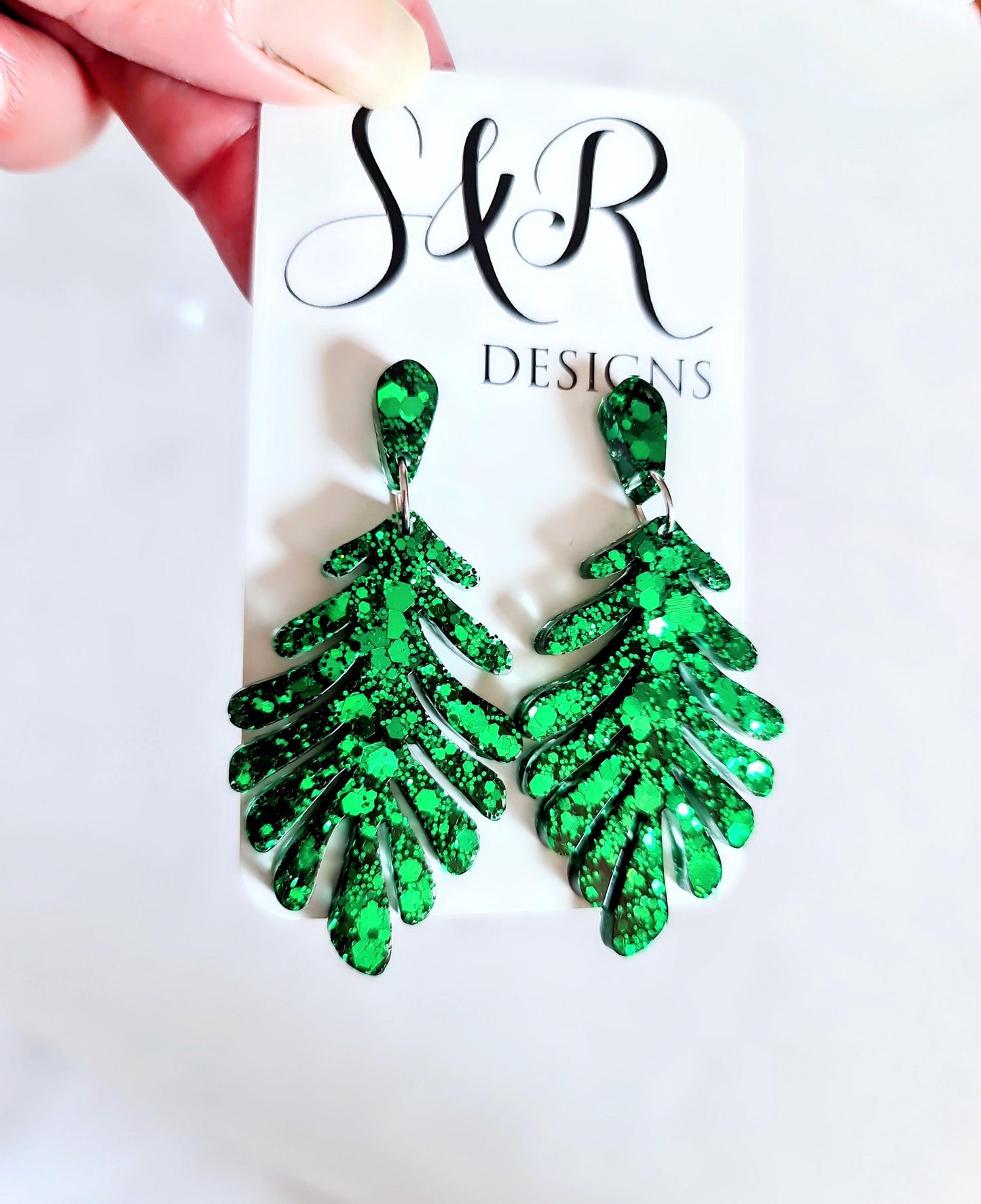 Emeral Green Leaves Dangle Drop Earrings, Glitter Resin Leaf Earrings, Bold Statement Jewellery Handmade, Gift for her, Hypoallergenic Studs