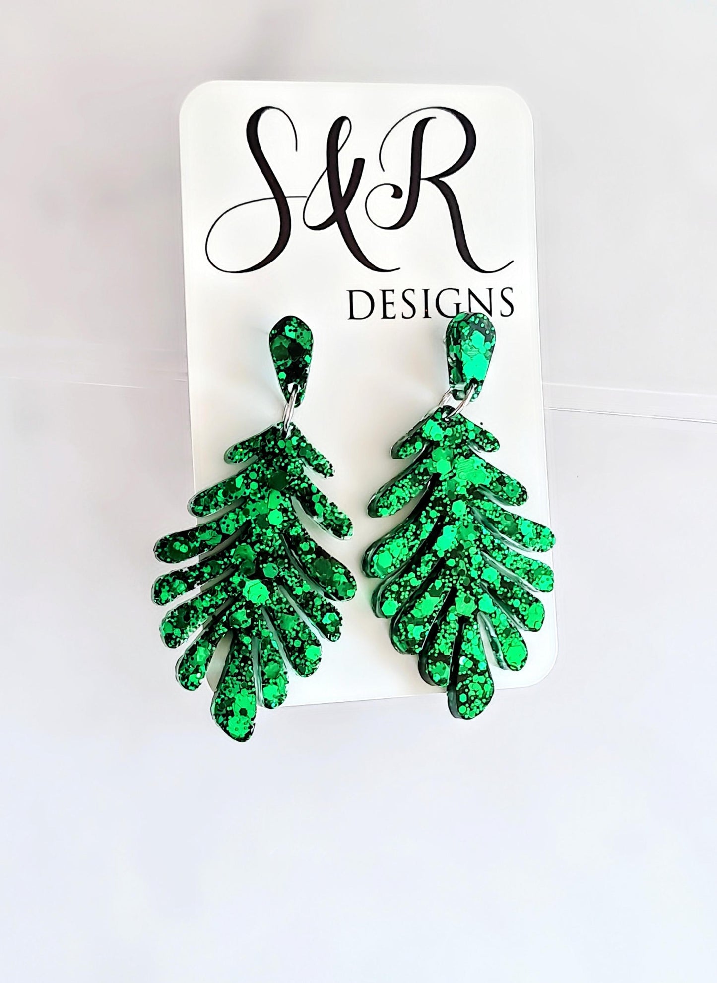 Emeral Green Leaves Dangle Drop Earrings, Glitter Resin Leaf Earrings, Bold Statement Jewellery Handmade, Gift for her, Hypoallergenic Studs