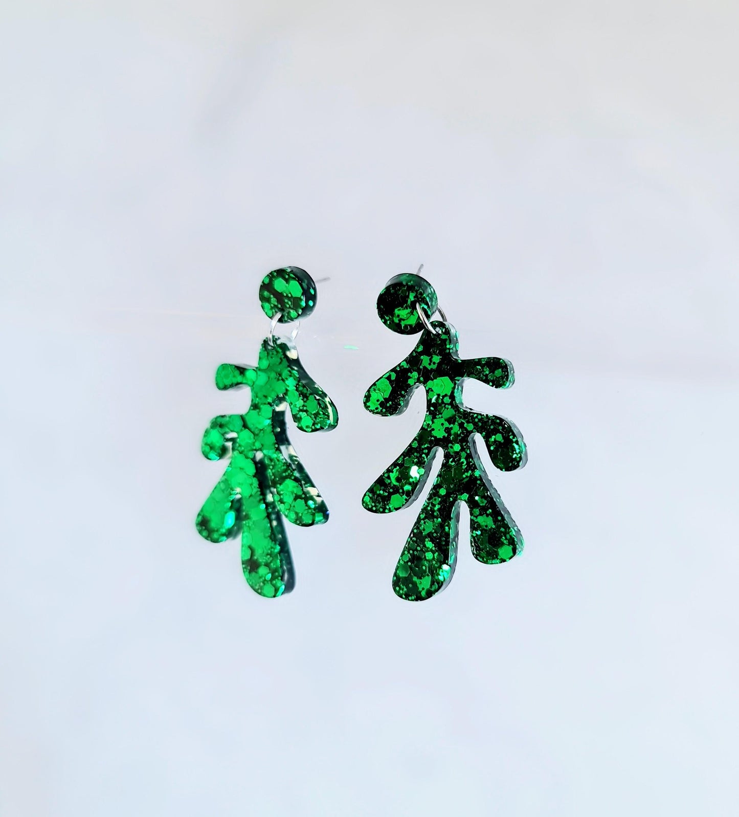 Emerald Green Flower Leaves Dangle Drop Earrings, Glitter Resin Handmade Dangles, Statement Earrings Stainless Steel, Hypoallergenic Studs