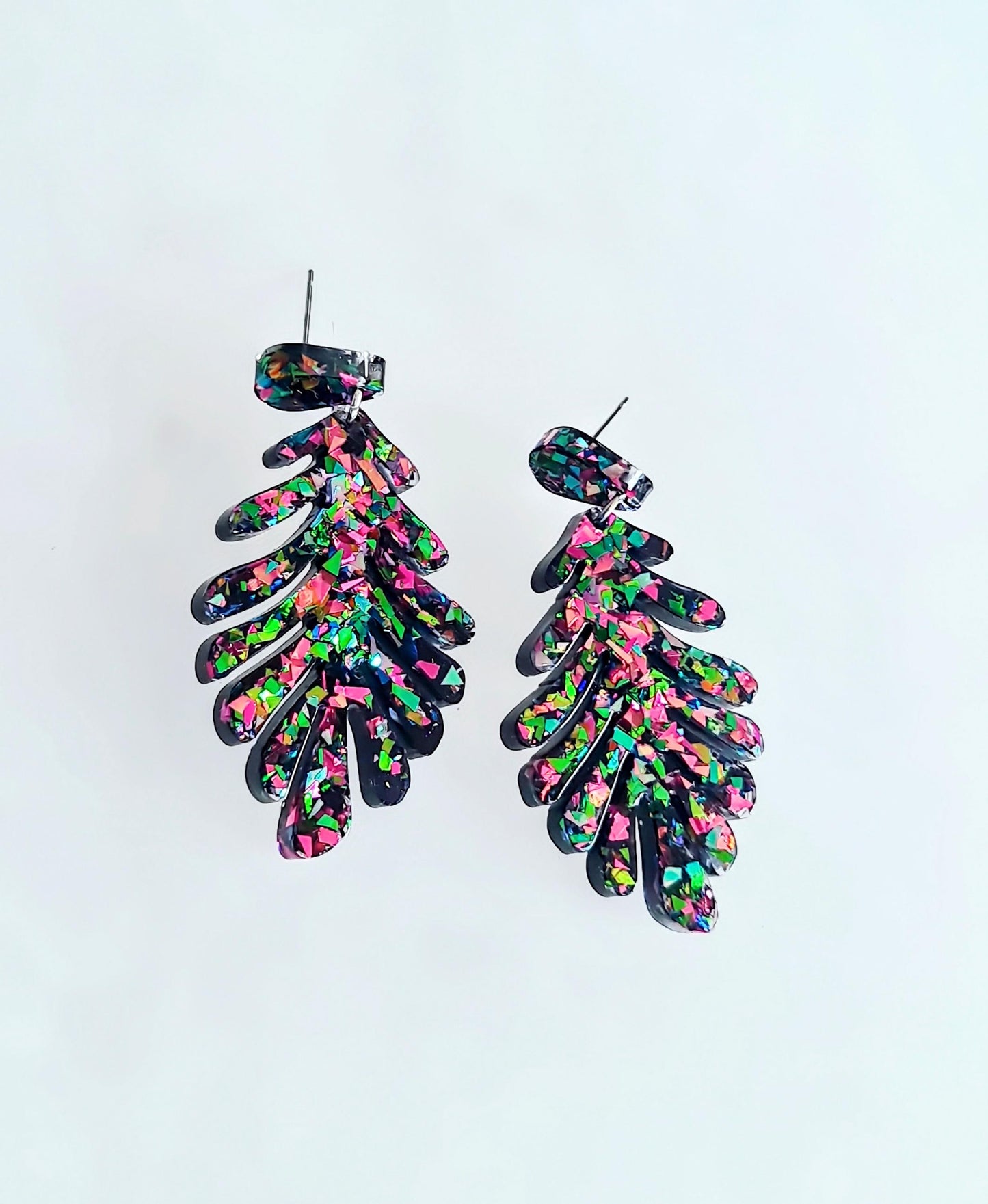 Multicoloured Leaves Dangle Drop Earrings, Metalic Mixed Glitter Resin Leaf Earrings, Bold Statement Jewellery, Gift for her, Hypoallergenic