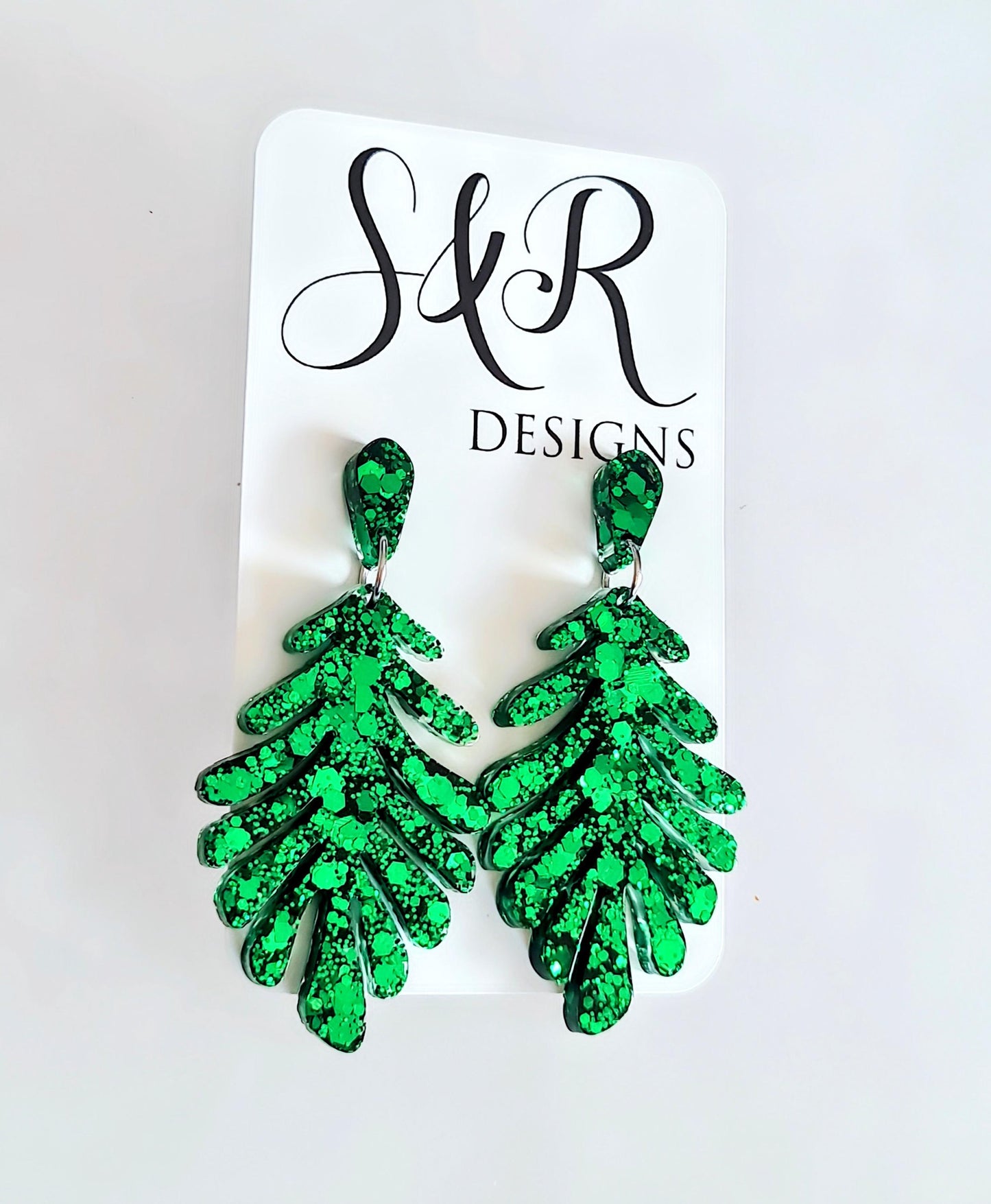 Emeral Green Leaves Dangle Drop Earrings, Glitter Resin Leaf Earrings, Bold Statement Jewellery Handmade, Gift for her, Hypoallergenic Studs