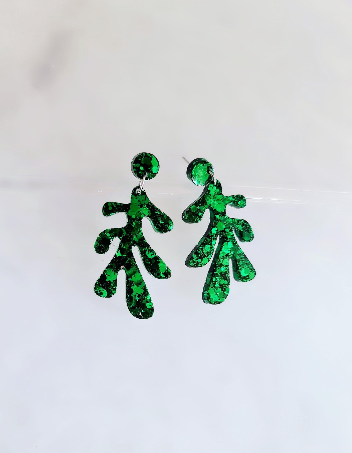 Emerald Green Flower Leaves Dangle Drop Earrings, Glitter Resin Handmade Dangles, Statement Earrings Stainless Steel, Hypoallergenic Studs