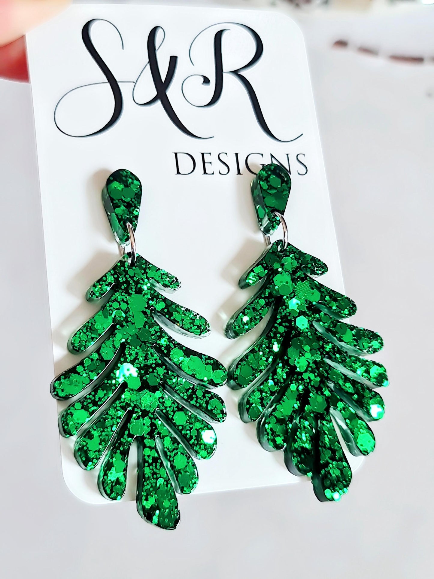 Emeral Green Leaves Dangle Drop Earrings, Glitter Resin Leaf Earrings, Bold Statement Jewellery Handmade, Gift for her, Hypoallergenic Studs