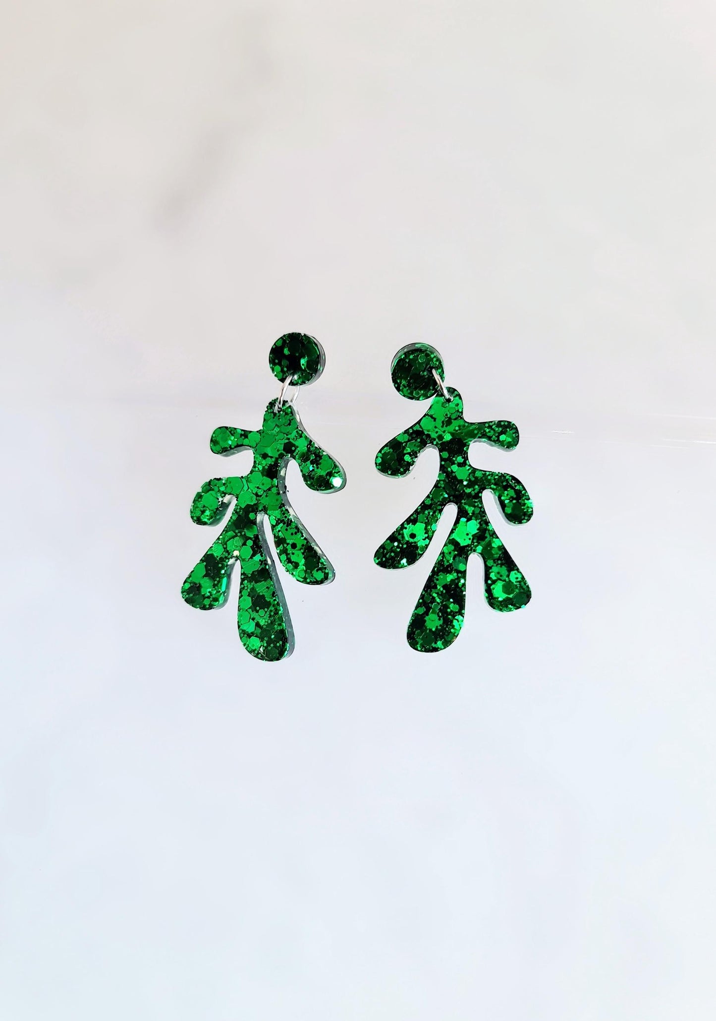 Emerald Green Flower Leaves Dangle Drop Earrings, Glitter Resin Handmade Dangles, Statement Earrings Stainless Steel, Hypoallergenic Studs