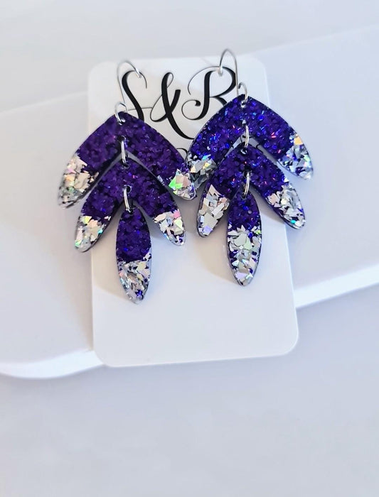Purple with Silver Shards Leaves Long Drop Hook Earrings. Purple Pinks Mix Resin Dangles, Stunning Chandelier Earwire Hypoallergenic Dangles