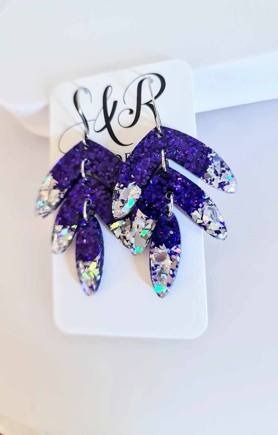 Purple with Silver Shards Leaves Long Drop Hook Earrings. Purple Pinks Mix Resin Dangles, Stunning Chandelier Earwire Hypoallergenic Dangles