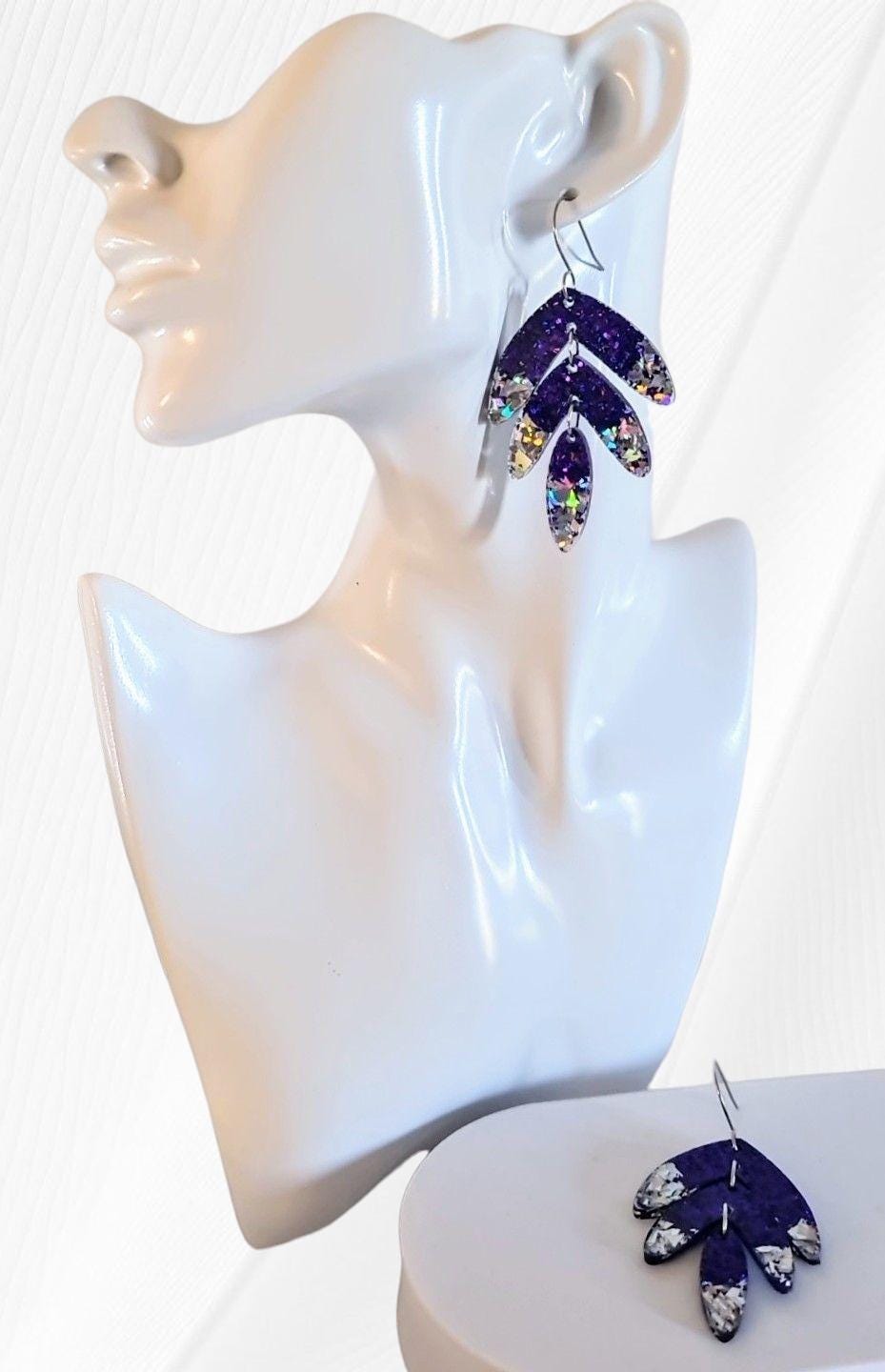 Purple with Silver Shards Leaves Long Drop Hook Earrings. Purple Pinks Mix Resin Dangles, Stunning Chandelier Earwire Hypoallergenic Dangles