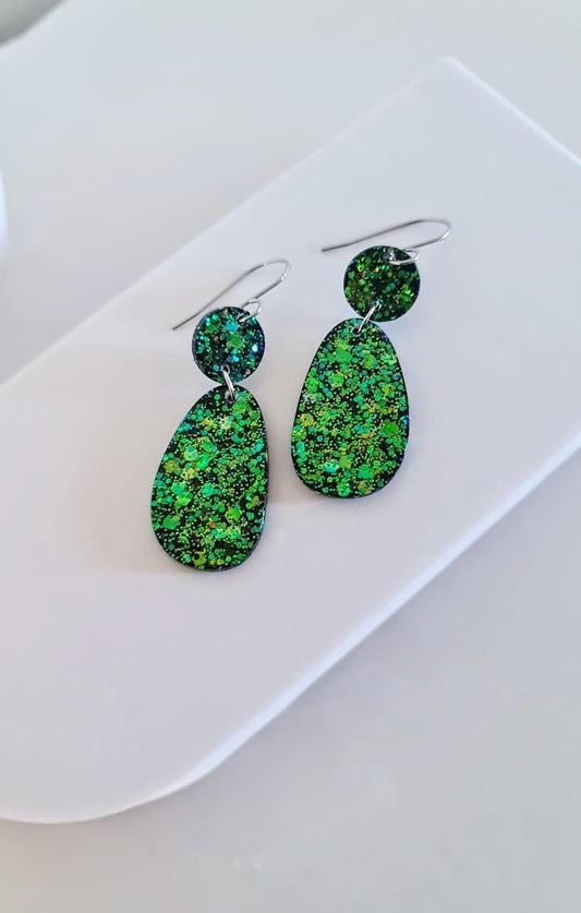 Emerald Green Gold Blue Glitter Hook Earrings, Oval Organic Shape Earrings, Resin Handmade, Stainless Steel Hypoallergenic Gift