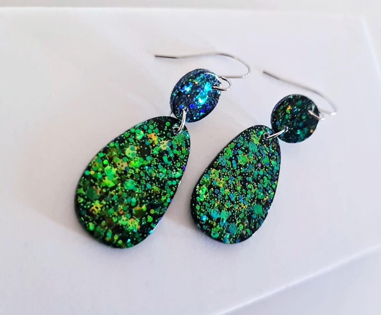 Emerald Green Gold Blue Glitter Hook Earrings, Oval Organic Shape Earrings, Resin Handmade, Stainless Steel Hypoallergenic Gift