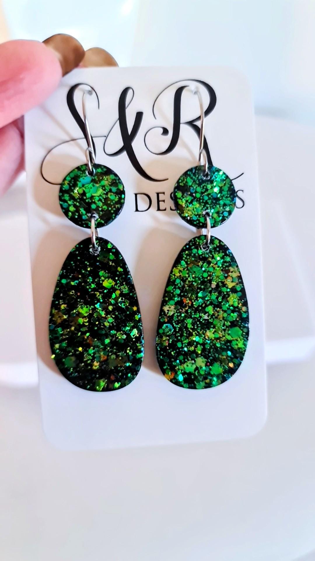 Emerald Green Gold Blue Glitter Hook Earrings, Oval Organic Shape Earrings, Resin Handmade, Stainless Steel Hypoallergenic Gift