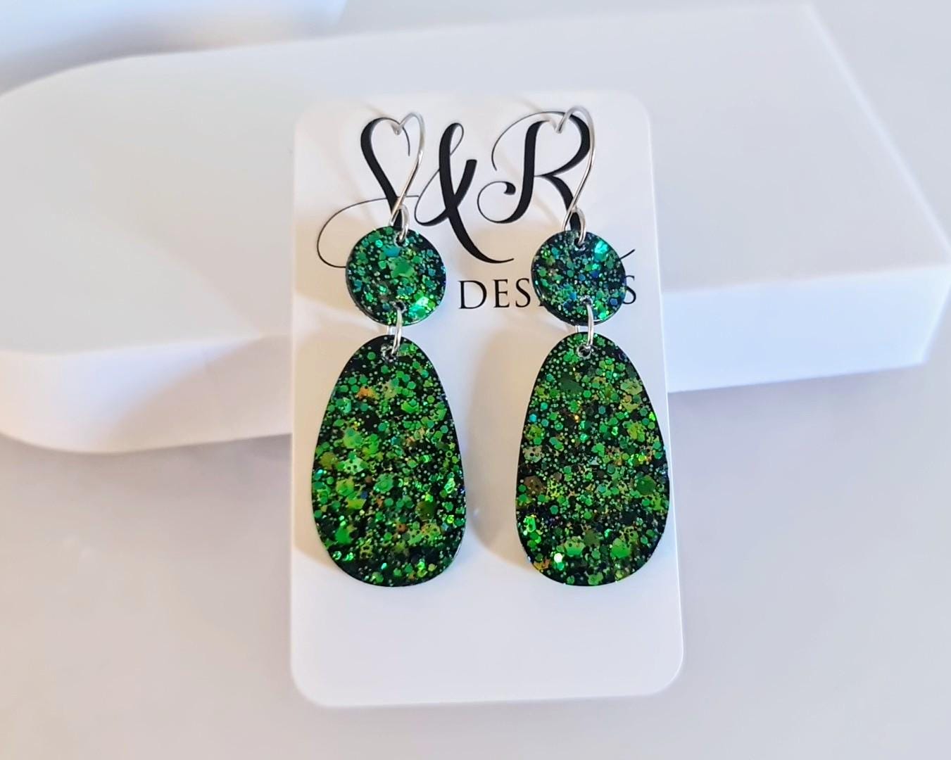 Emerald Green Gold Blue Glitter Hook Earrings, Oval Organic Shape Earrings, Resin Handmade, Stainless Steel Hypoallergenic Gift