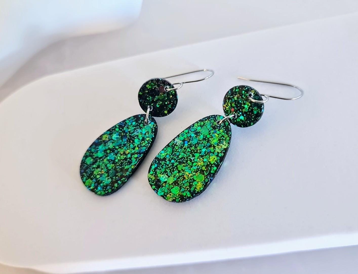 Emerald Green Gold Blue Glitter Hook Earrings, Oval Organic Shape Earrings, Resin Handmade, Stainless Steel Hypoallergenic Gift
