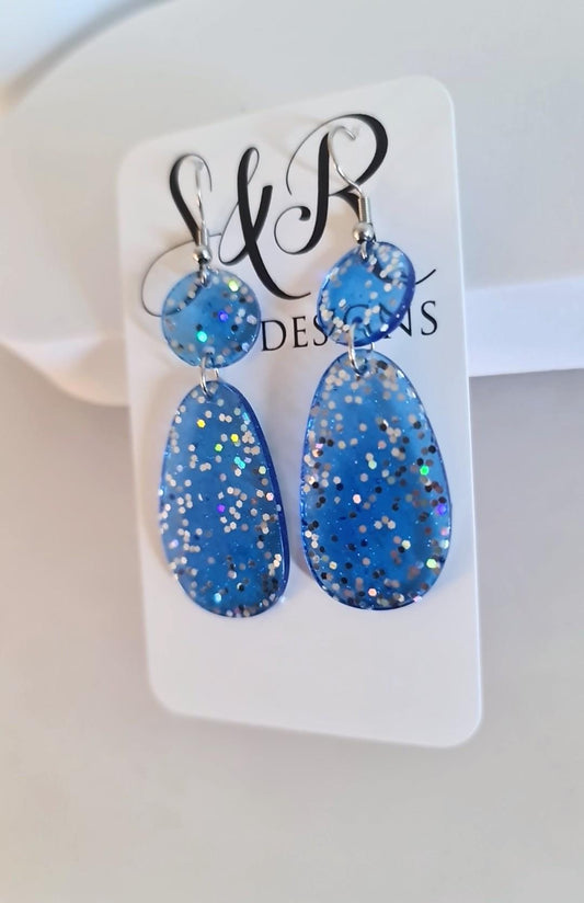 Blue Dangle Drop Hook Earrings, Oval Organic Shape Earrings, Silver Holographic Glitter, Resin Handmade, Stainless Steel Hypoallergenic Gift