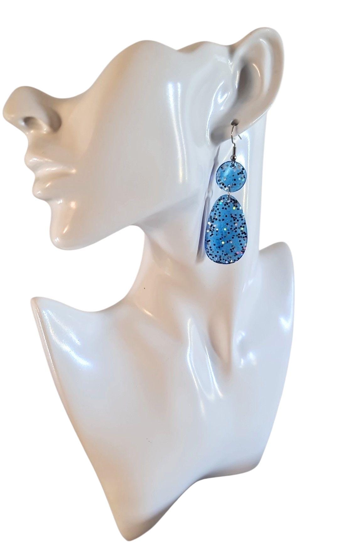 Blue Dangle Drop Hook Earrings, Oval Organic Shape Earrings, Silver Holographic Glitter, Resin Handmade, Stainless Steel Hypoallergenic Gift
