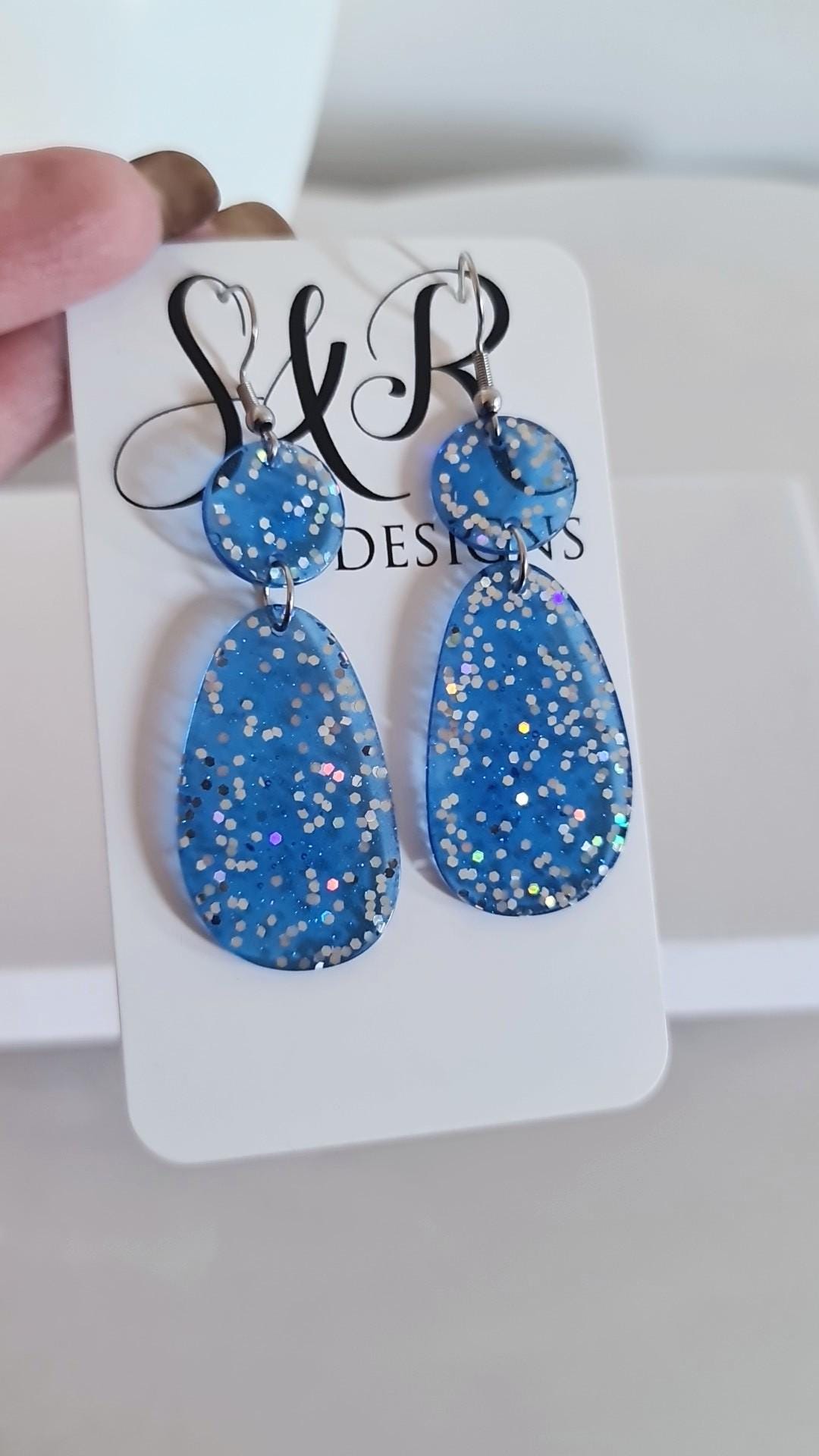 Blue Dangle Drop Hook Earrings, Oval Organic Shape Earrings, Silver Holographic Glitter, Resin Handmade, Stainless Steel Hypoallergenic Gift