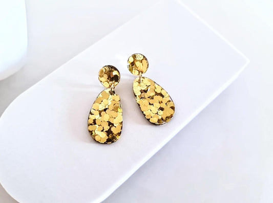 Oval Organic Shape Gold Drop Earrings, Gold Chunky Glitter, Resin Handmade, Stainless Steel Hypoallergenic. Personalised Gift Custom Colours