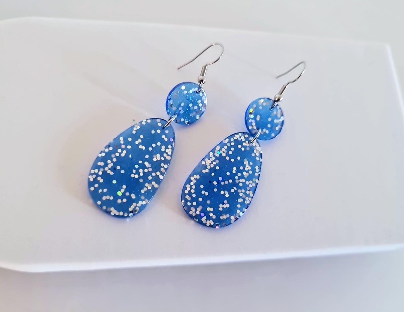 Blue Dangle Drop Hook Earrings, Oval Organic Shape Earrings, Silver Holographic Glitter, Resin Handmade, Stainless Steel Hypoallergenic Gift