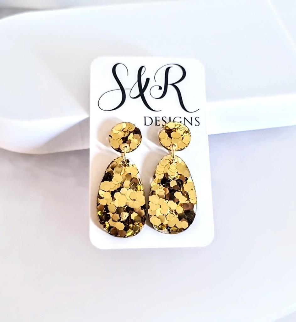 Oval Organic Shape Gold Drop Earrings, Gold Chunky Glitter, Resin Handmade, Stainless Steel Hypoallergenic. Personalised Gift Custom Colours