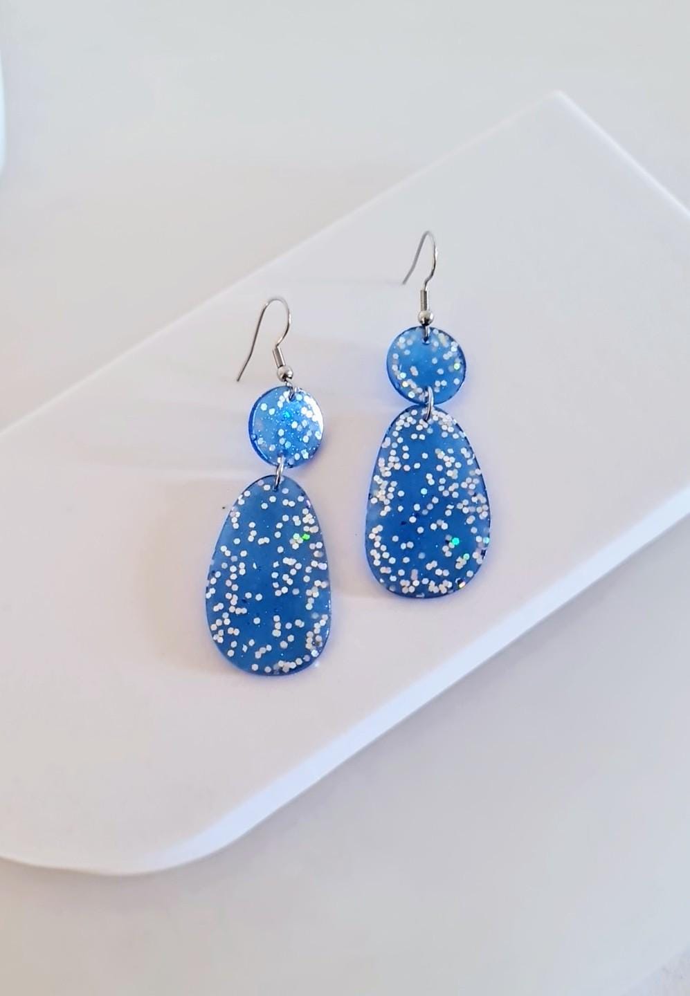 Blue Dangle Drop Hook Earrings, Oval Organic Shape Earrings, Silver Holographic Glitter, Resin Handmade, Stainless Steel Hypoallergenic Gift