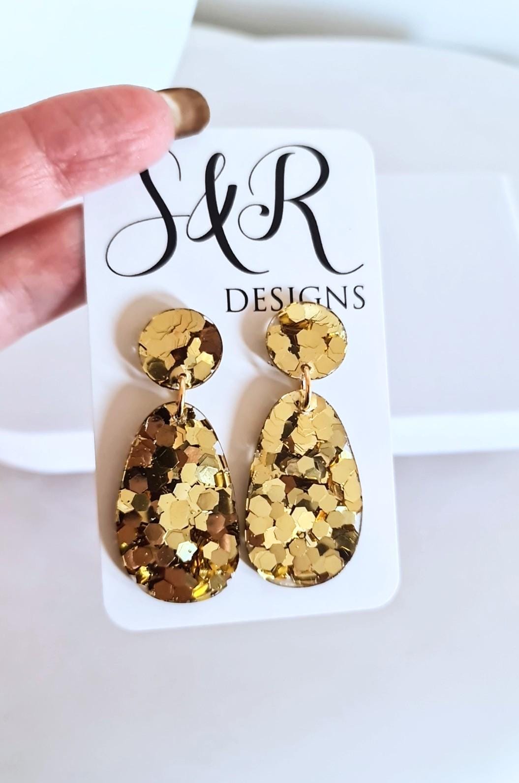 Oval Organic Shape Gold Drop Earrings, Gold Chunky Glitter, Resin Handmade, Stainless Steel Hypoallergenic. Personalised Gift Custom Colours