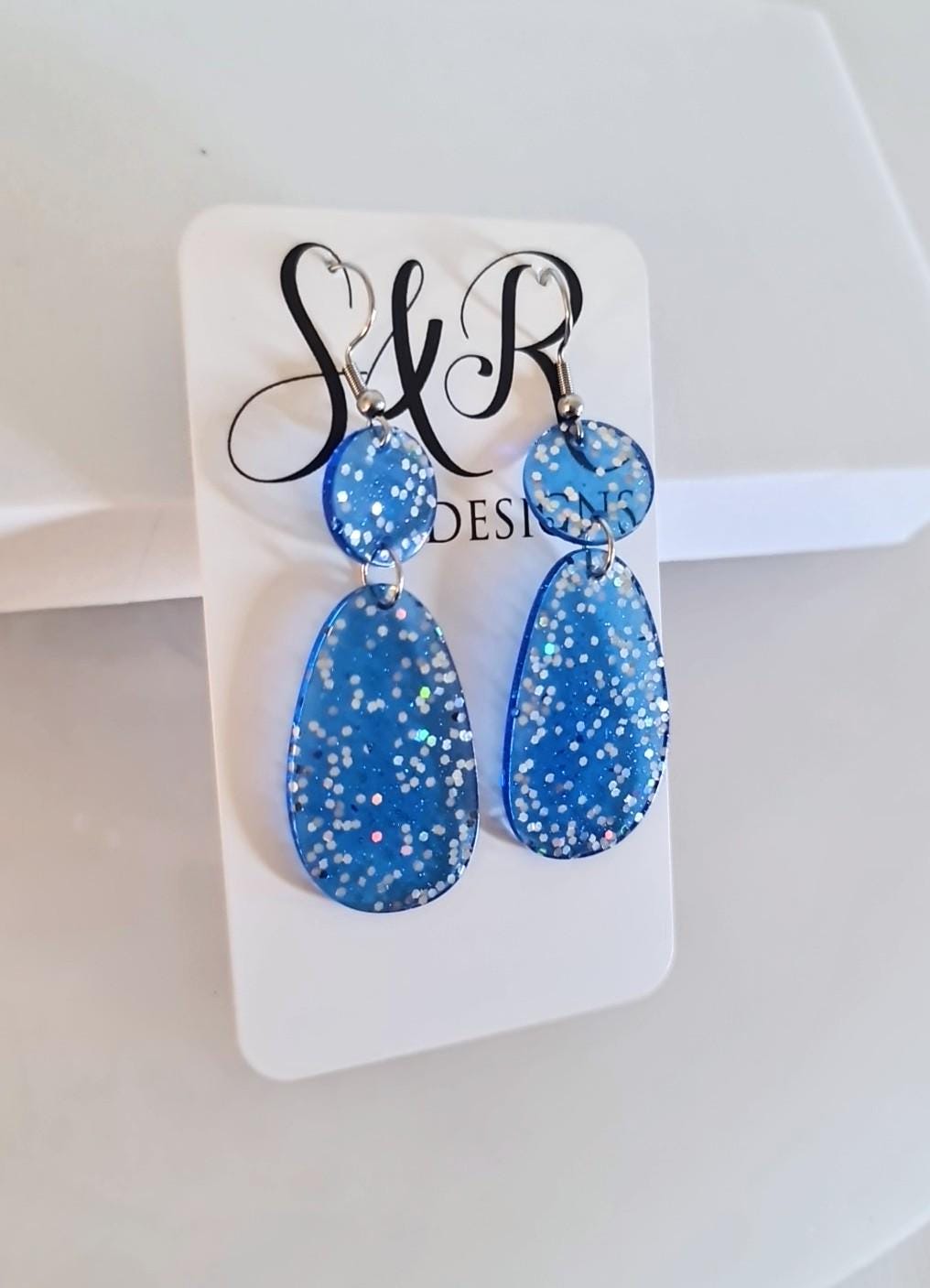 Blue Dangle Drop Hook Earrings, Oval Organic Shape Earrings, Silver Holographic Glitter, Resin Handmade, Stainless Steel Hypoallergenic Gift
