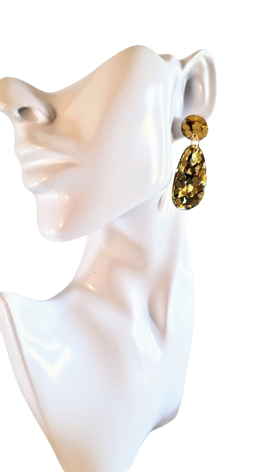 Oval Organic Shape Gold Drop Earrings, Gold Chunky Glitter, Resin Handmade, Stainless Steel Hypoallergenic. Personalised Gift Custom Colours
