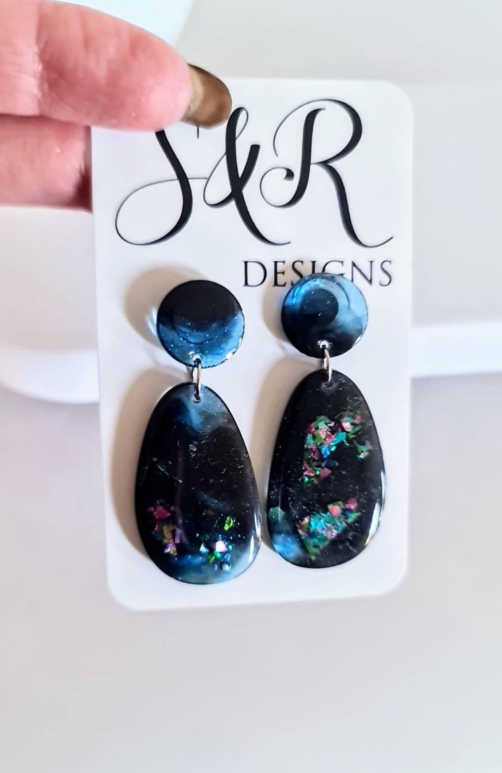 Blue Black Metalic Drop Earrings, Oval Organic Shape Earrings, Multicoloured Glitter, Resin Handmade, Stainless Steel Hypoallergenic. Gift