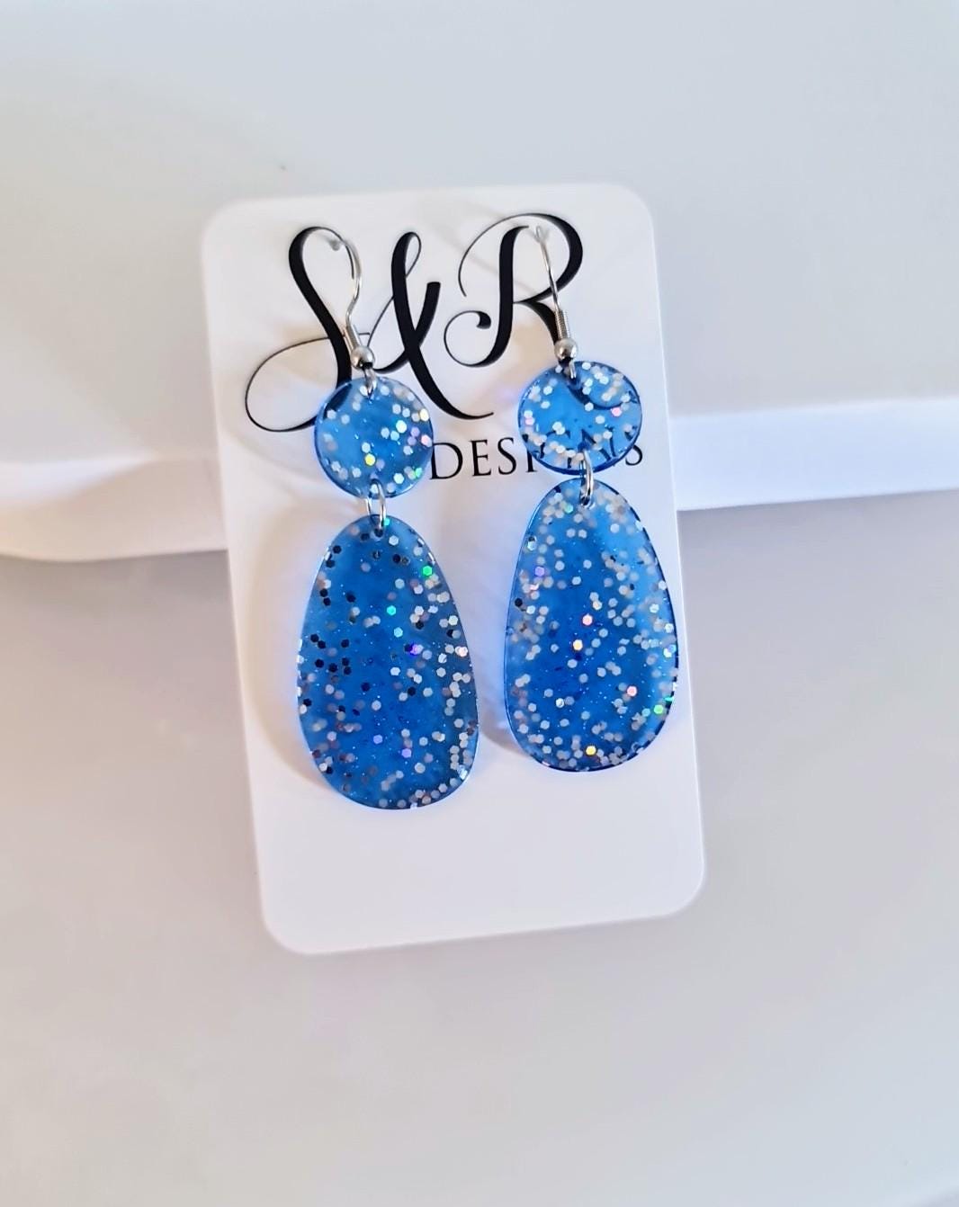 Blue Dangle Drop Hook Earrings, Oval Organic Shape Earrings, Silver Holographic Glitter, Resin Handmade, Stainless Steel Hypoallergenic Gift