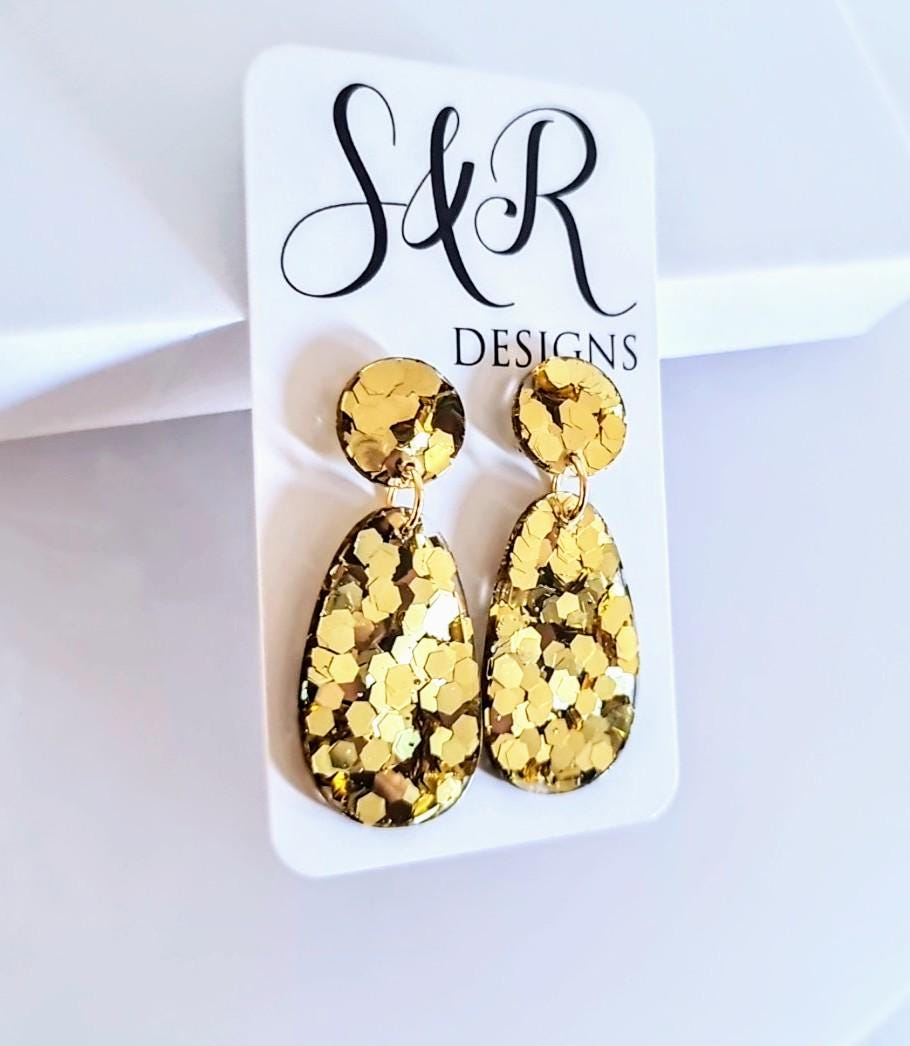 Oval Organic Shape Gold Drop Earrings, Gold Chunky Glitter, Resin Handmade, Stainless Steel Hypoallergenic. Personalised Gift Custom Colours