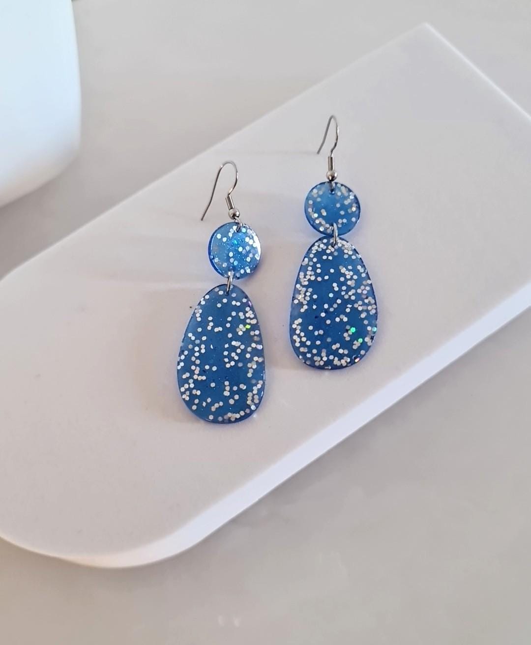Blue Dangle Drop Hook Earrings, Oval Organic Shape Earrings, Silver Holographic Glitter, Resin Handmade, Stainless Steel Hypoallergenic Gift