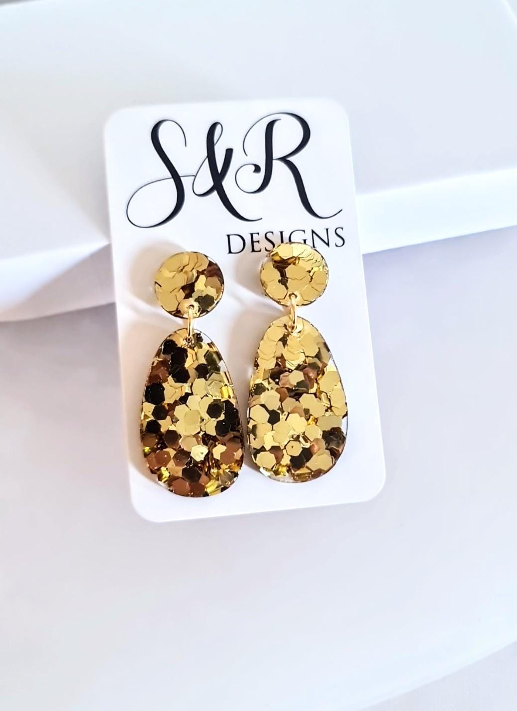 Oval Organic Shape Gold Drop Earrings, Gold Chunky Glitter, Resin Handmade, Stainless Steel Hypoallergenic. Personalised Gift Custom Colours