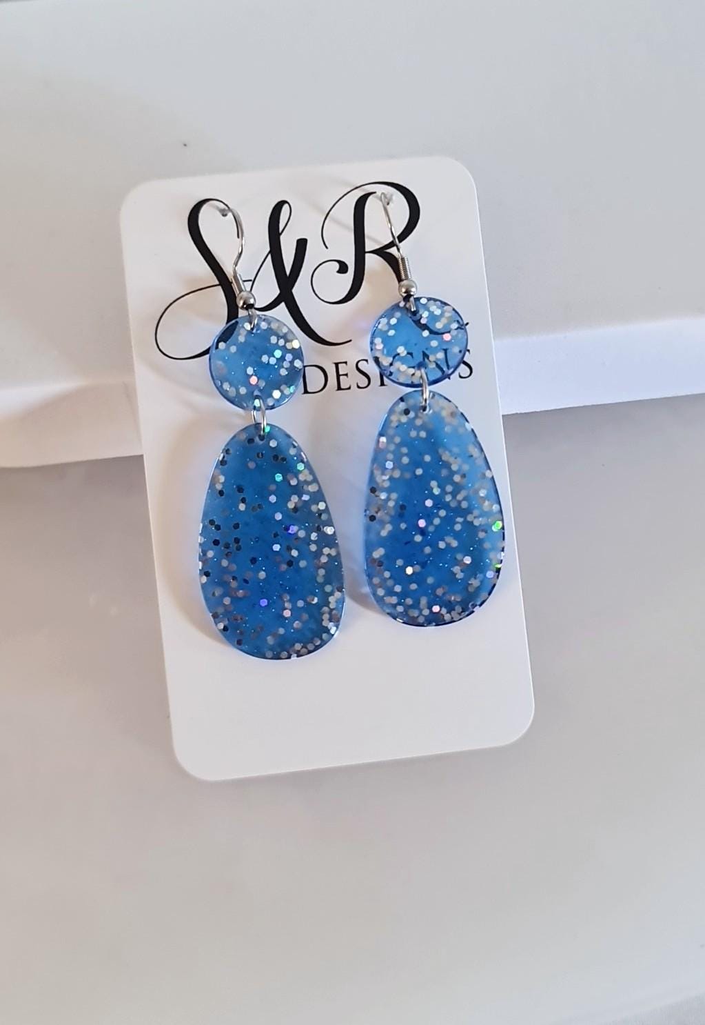 Blue Dangle Drop Hook Earrings, Oval Organic Shape Earrings, Silver Holographic Glitter, Resin Handmade, Stainless Steel Hypoallergenic Gift