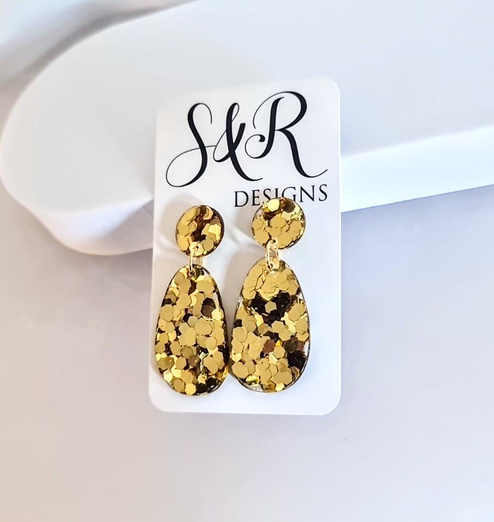 Oval Organic Shape Gold Drop Earrings, Gold Chunky Glitter, Resin Handmade, Stainless Steel Hypoallergenic. Personalised Gift Custom Colours