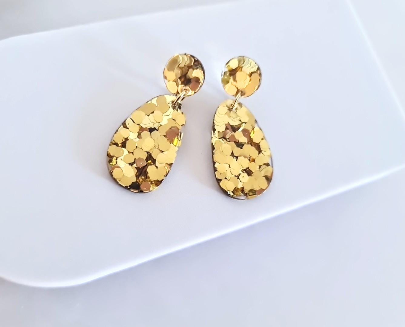 Oval Organic Shape Gold Drop Earrings, Gold Chunky Glitter, Resin Handmade, Stainless Steel Hypoallergenic. Personalised Gift Custom Colours