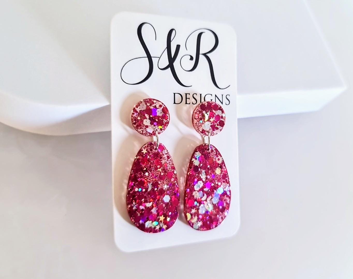 Oval Organic Shape Pink Silver Glitter Earrings, Pink and Silver Holographic Mix Glitter, Resin Handmade, Stainless Steel. Statement Gift