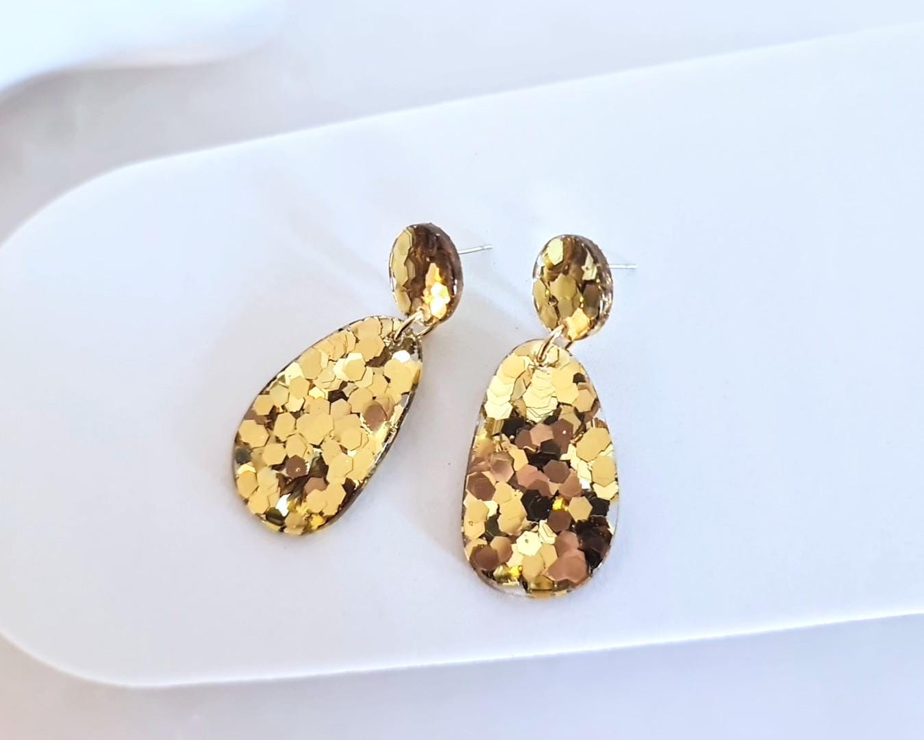 Oval Organic Shape Gold Drop Earrings, Gold Chunky Glitter, Resin Handmade, Stainless Steel Hypoallergenic. Personalised Gift Custom Colours
