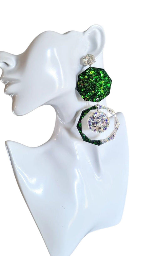 Green  Oversized Long Earrings, Hypoallergenic Stainless Steel Hooks, Glitter Geometric Statement, Bold Chunky Lightweight Jewellery