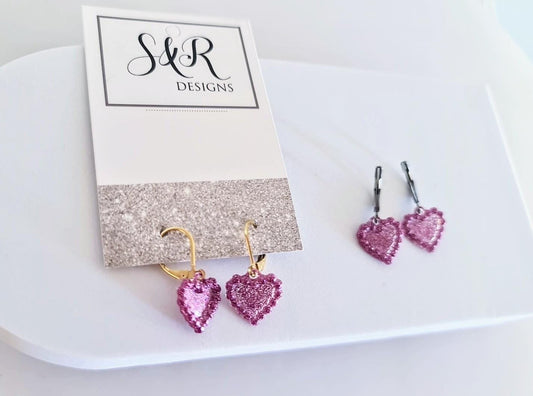 Pricilla Pink Heart Earrings, Minimalist Heart Drop Earrings, Gold Stainless Steel Dangle Drops, Choose Leverback or Hook Earwire Earrings.