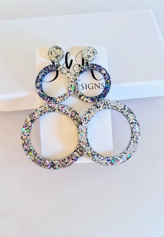 Oversized Circle Dangle Earrings, Silver Holographic and Purple Blue Mix Glitter Extra Long Hoop Dangle Statement Earrings