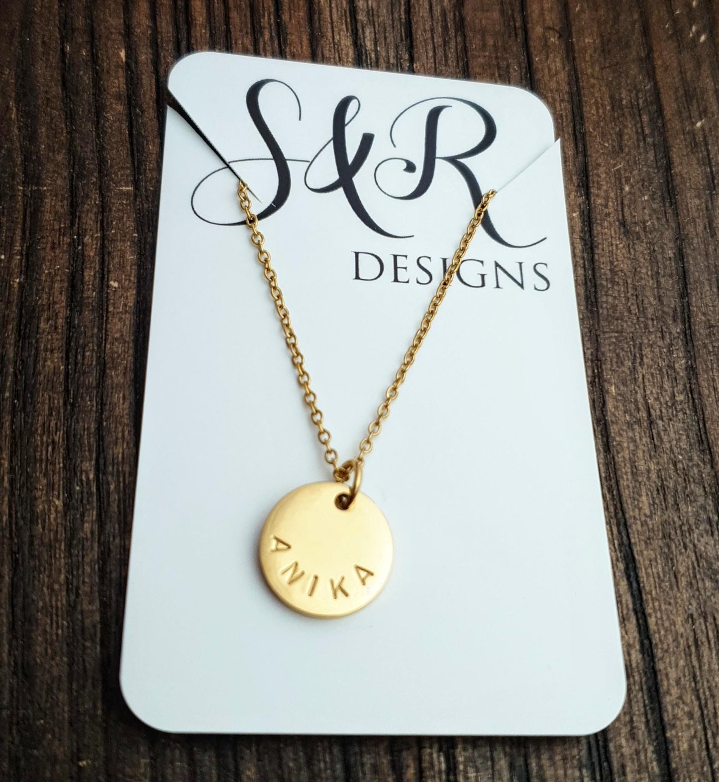 Custom Personalised Name Necklace, Hammered or Plain Circle Disc Personalized Gift, Hand Stamped, Choose colour. 15mm Disc