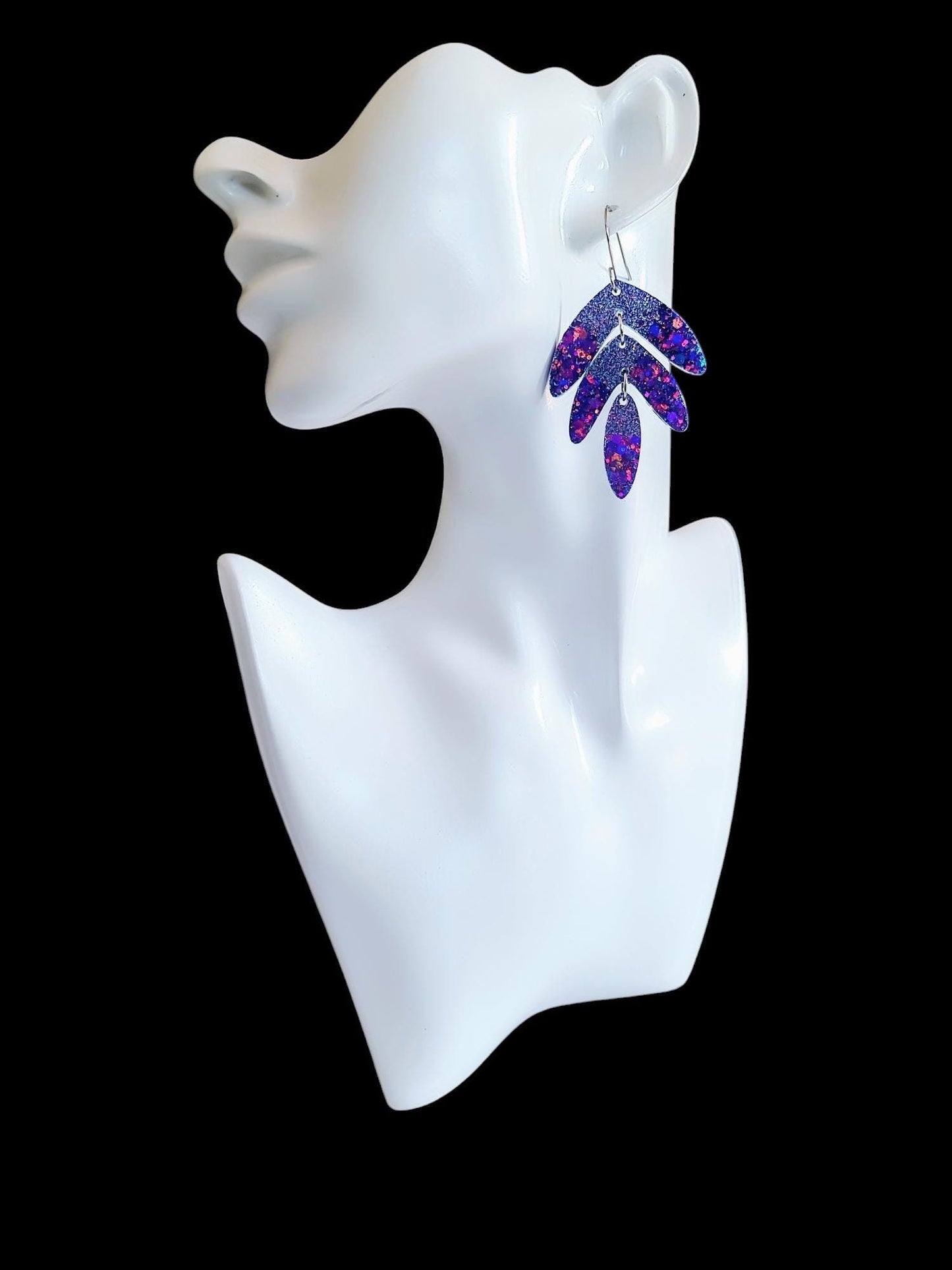 Purple Magic Leaves Long Drop Hook Earrings. Purple Pinks Mix Resin Dangles, Stunning Chandelier Earwire Dangles