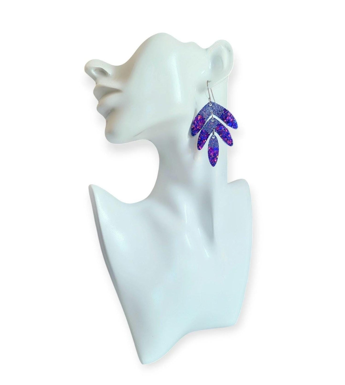 Purple Magic Leaves Long Drop Hook Earrings. Purple Pinks Mix Resin Dangles, Stunning Chandelier Earwire Dangles