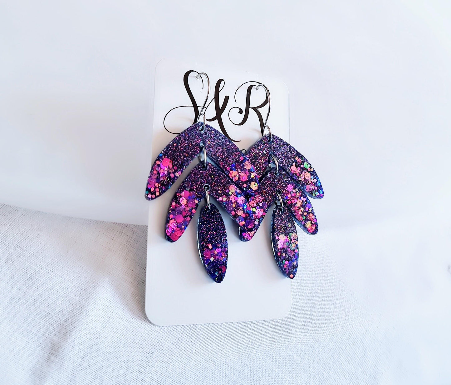 Purple Magic Leaves Long Drop Hook Earrings. Purple Pinks Mix Resin Dangles, Stunning Chandelier Earwire Dangles