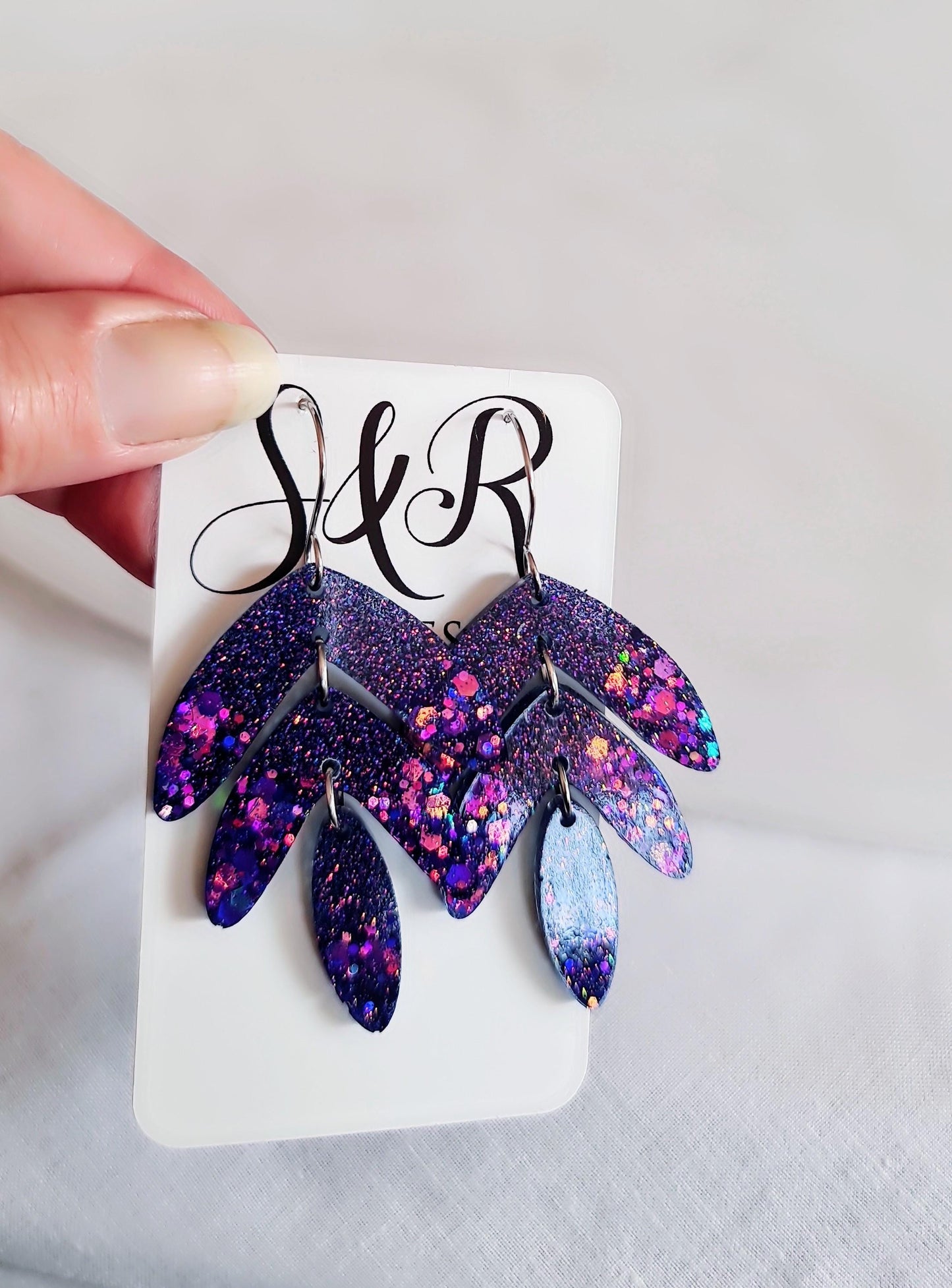 Purple Magic Leaves Long Drop Hook Earrings. Purple Pinks Mix Resin Dangles, Stunning Chandelier Earwire Dangles