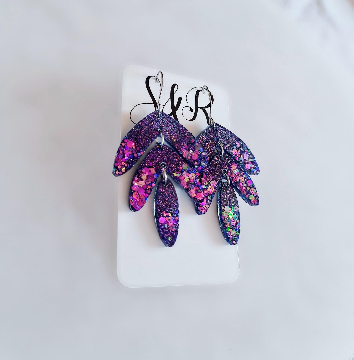 Purple Magic Leaves Long Drop Hook Earrings. Purple Pinks Mix Resin Dangles, Stunning Chandelier Earwire Dangles