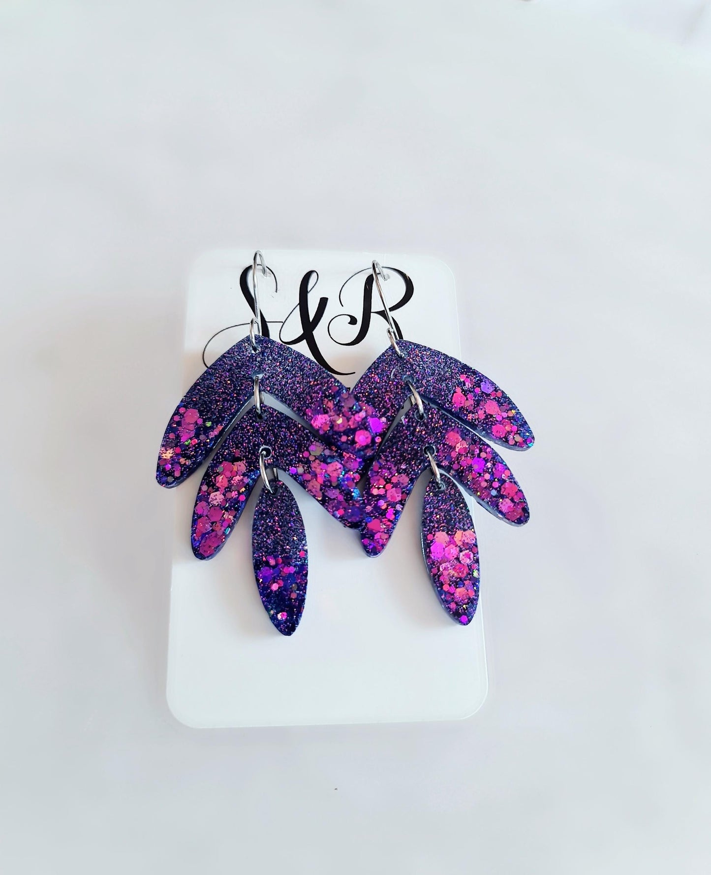 Purple Magic Leaves Long Drop Hook Earrings. Purple Pinks Mix Resin Dangles, Stunning Chandelier Earwire Dangles