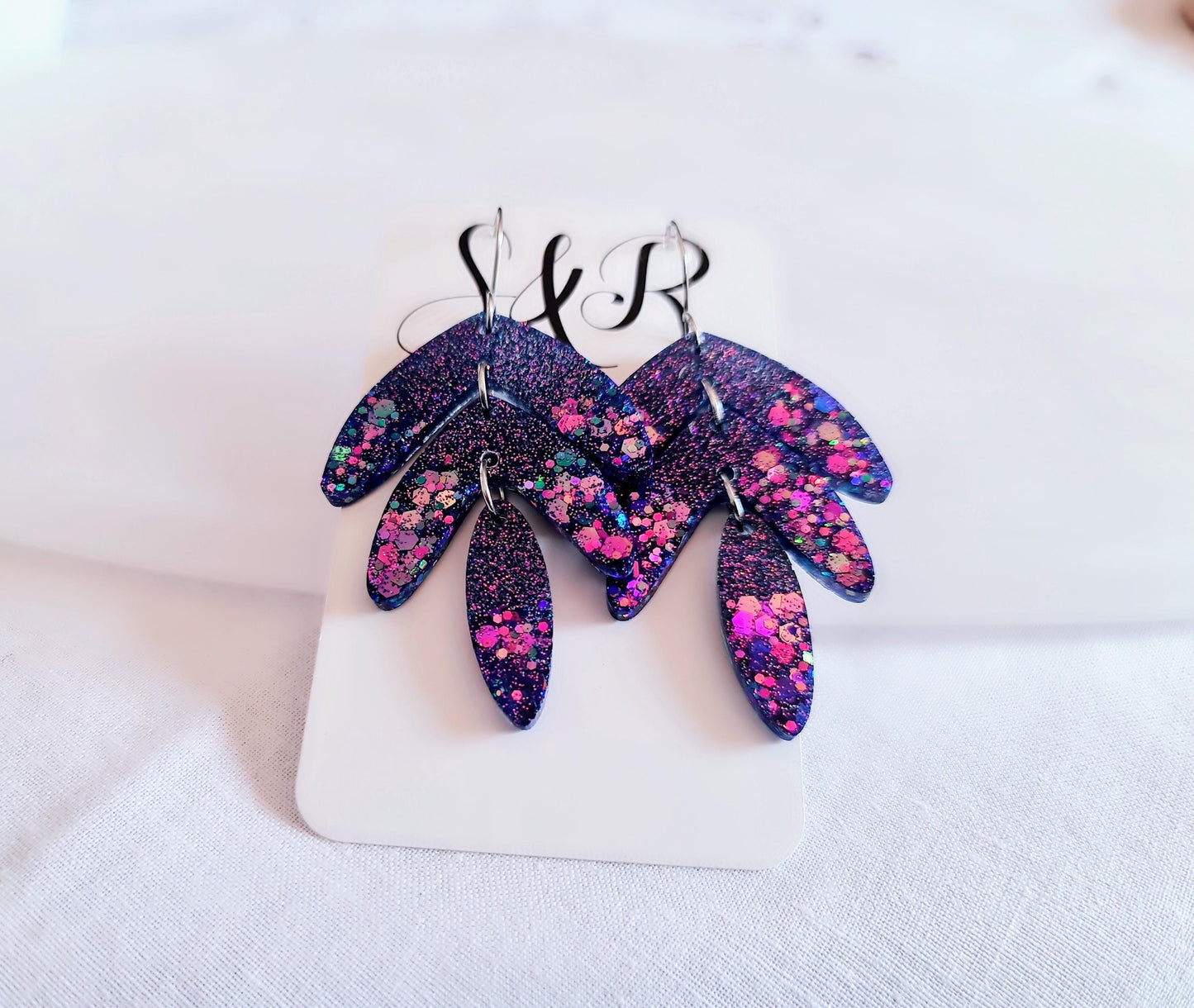 Purple Magic Leaves Long Drop Hook Earrings. Purple Pinks Mix Resin Dangles, Stunning Chandelier Earwire Dangles